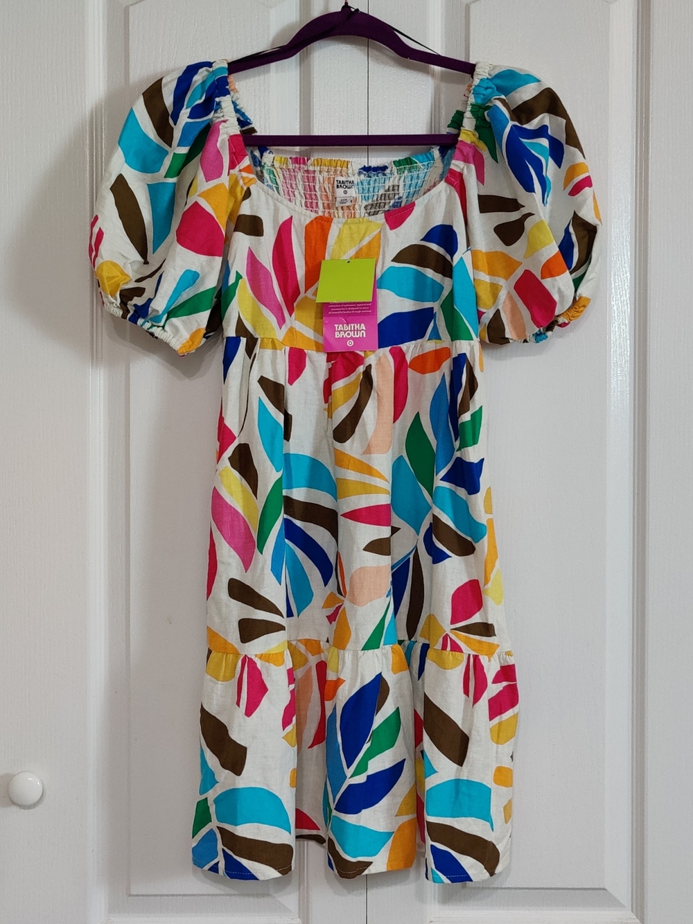 Tabitha Tropical Leaf Colorful Rainbow Babydoll Dress Pockets Short Sleeves